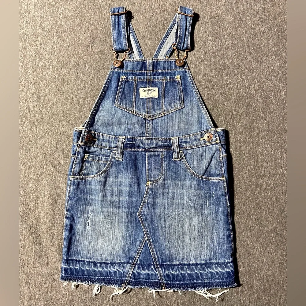 Oshkosh Kids Girls Size 4 Overalls Distressed Blue Jean Denim Dress Bibs NEW
